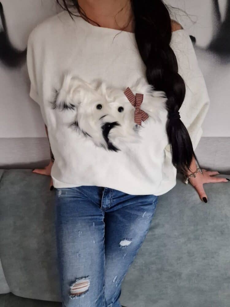 Fur dog jumpers from Minouu, white and turquoise