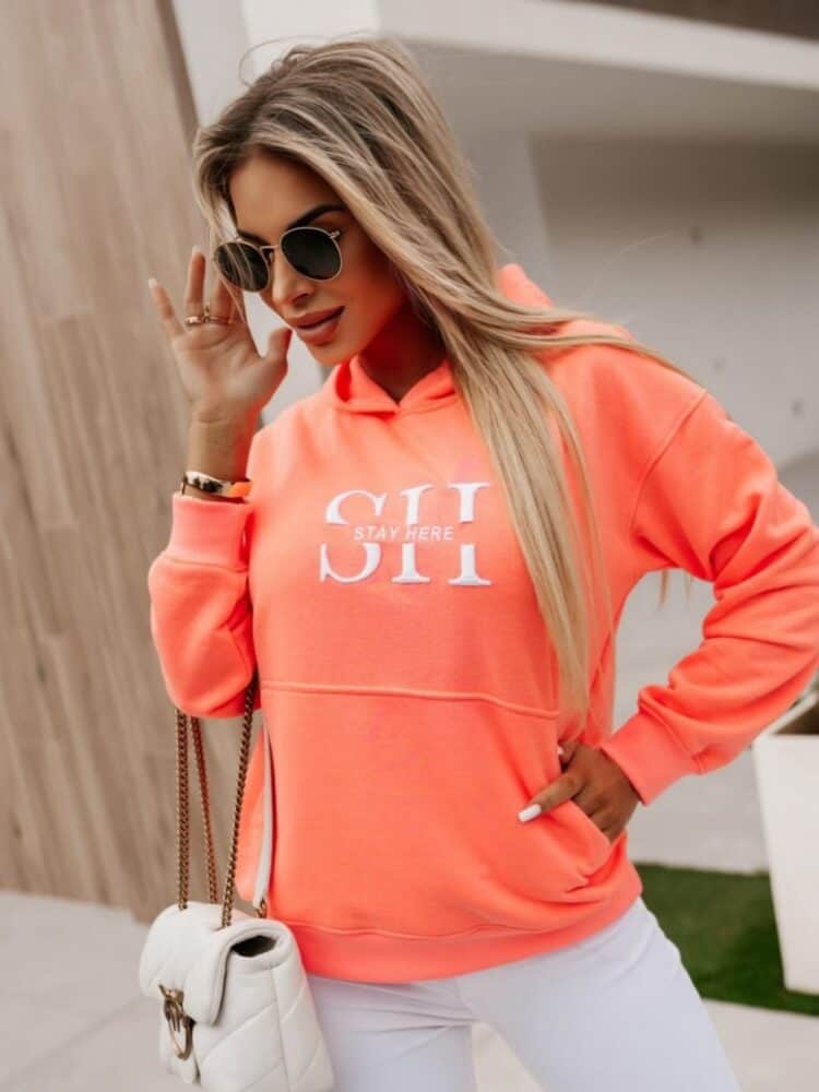 Hooded sweatshirts, embroidered logos, apricot and barbie pink