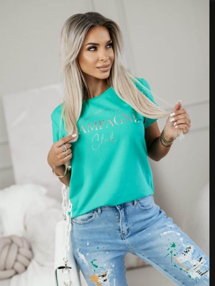 Champagne t-shirt, powder pink and turquoise