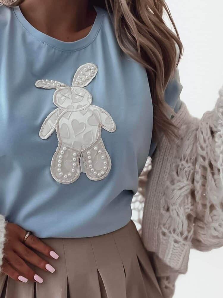 T-shirt with embellished rabbit blue beige lilac