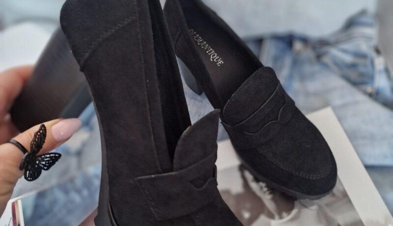 Suede moccasins with a stiletto heel