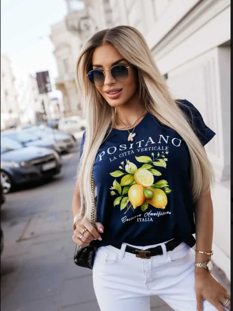 T shirt lemons white apricot blue navy