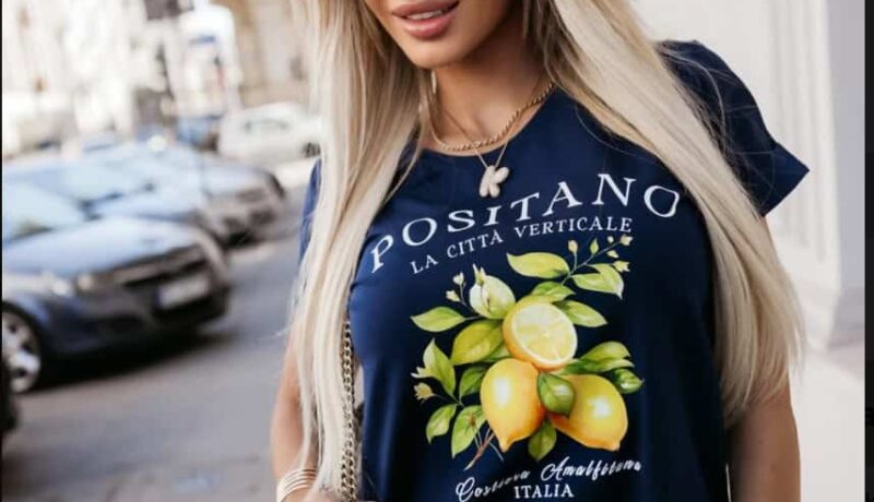 T shirt lemons white apricot blue navy