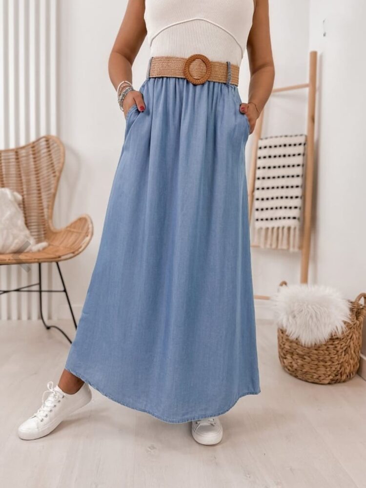 Belt denim maxi skirt