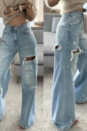 Jeansy wide leg z przetarciami i dziurami