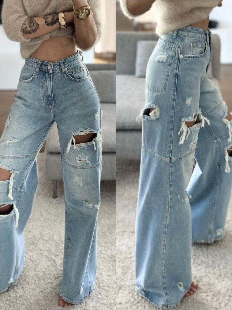 Jeansy wide leg z przetarciami i dziurami