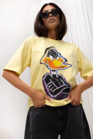 Biały i żółty T-shirt z nadrukiem kaczora