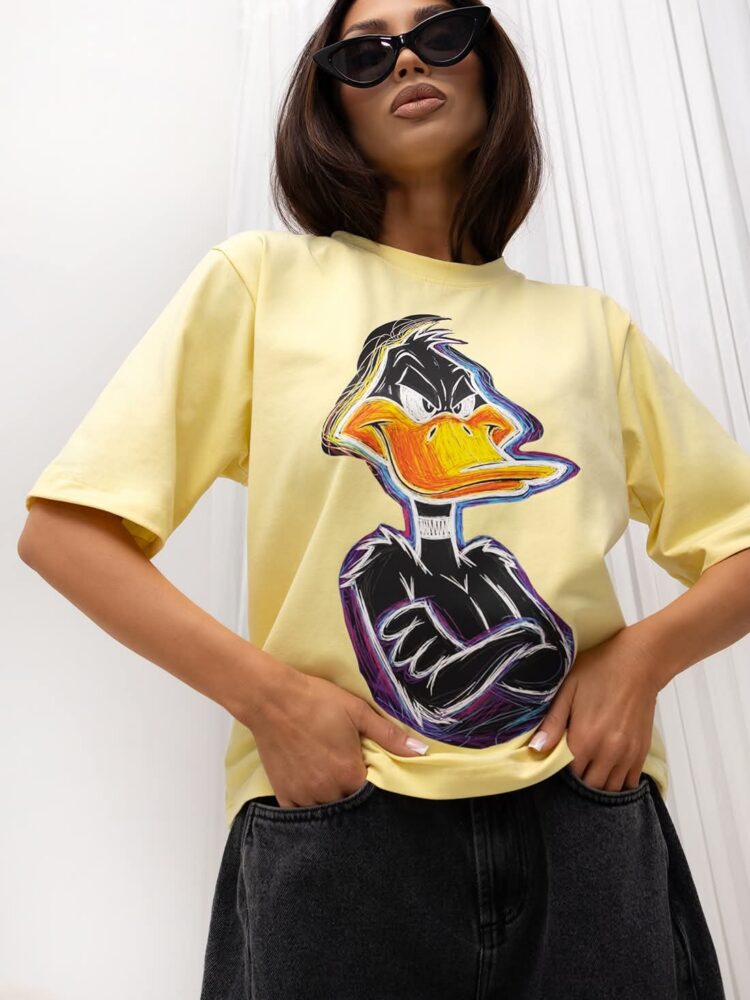 Biały i żółty T-shirt z nadrukiem kaczora
