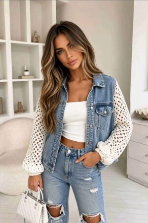 Kurtka jeans ażurowe rękawy