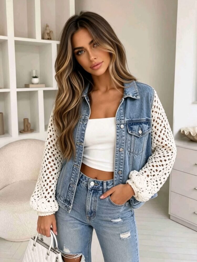 Kurtka jeans ażurowe rękawy