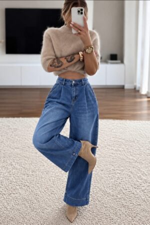 Jeansy Wide Leg mankiety