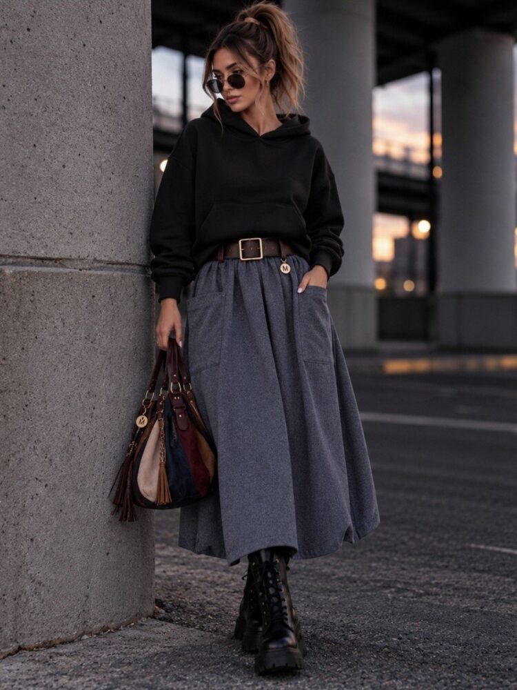 Midi skirt with pockets and a belt