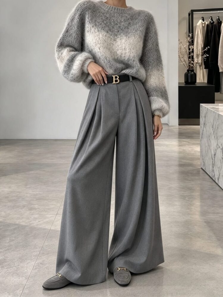 Wide grey trousers with darts